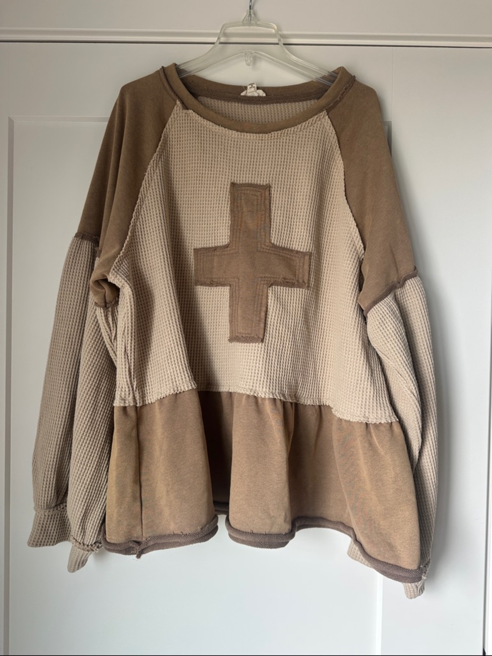 POL Oversized Patchwork Thermal Cross Top Boho Raw Hem Sweater